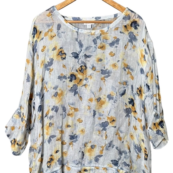 Pure J Jill  Linen Airy Floral Watercolor 3/4 Sleeves Crochet Women's Blouse, XL - Picture 8 of 8